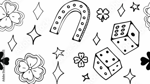 Black and white doodle of lucky charms including horseshoe dice and clovers