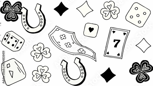 Black and white doodle pattern with lucky clover horseshoe dice card and money