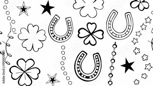 Hand drawn black ink doodle sheet with lucky symbols and four leaf clovers