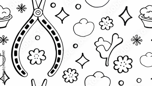 Black and white doodle pattern with scissors flowers and desserts