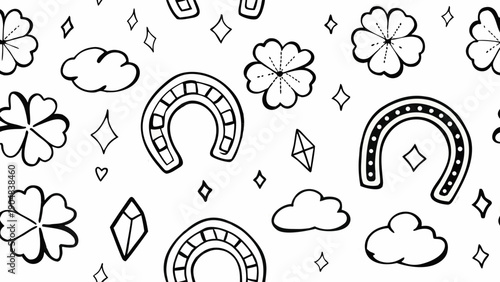 Lucky icons doodle art with horseshoes four leaf clovers and clouds