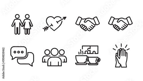 Collection of Relationship and Business Icons: Love, Handshake, Chat, Teamwork, Coffee, High Five
