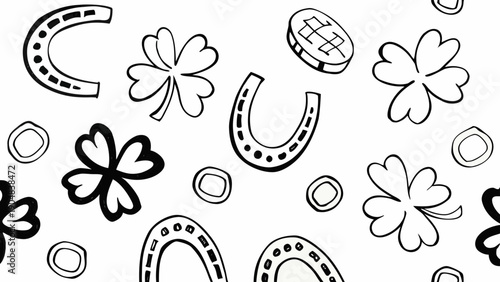 Black and white doodle art with horseshoes and four leaf clovers on white background