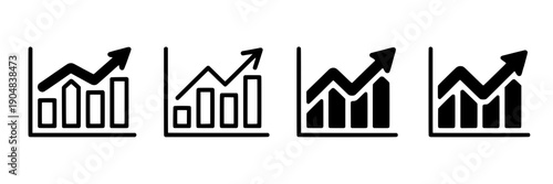 Graph icon set with upward arrow and bar chart variants, outline and solid styles for business analytics, growth trend, statistics dashboard symbols in black