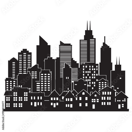 Urban city skyline silhouette featuring diverse skyscrapers and residential houses representing metropolitan living community and real estate landscape in modern downtown district architectural view