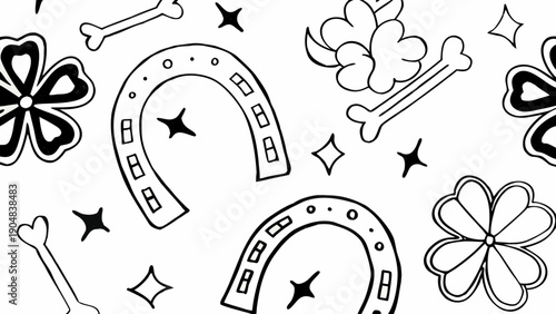Fun hand drawn doodle pattern with horseshoes bones and flowers in black and white