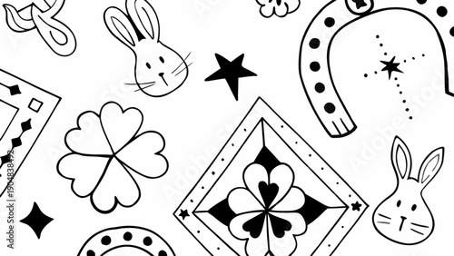 Black and white doodle illustrations of good luck symbols