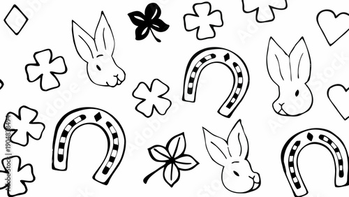 Whimsical black and white doodle collage of luck symbols with rabbits and horseshoes
