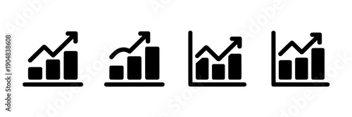 Graphs business icons set with upward trending arrows and bars representing growth and success in black and white featuring finance, statistics, data with analysis and presentation elements for