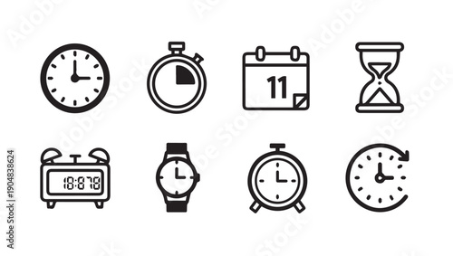 Collection of time icons: clock, stopwatch, calendar, hourglass, alarm, wristwatch