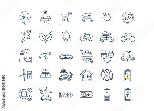 Set of Hand- Drawn Icons Representing Renewable Energy and Eco- Friendly Transportation