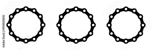 Chains bicycle set with interlocking links and circular shapes, black and white minimalist design, three different styles featuring chain, cycle, gear with bike and mechanical elements for parts,