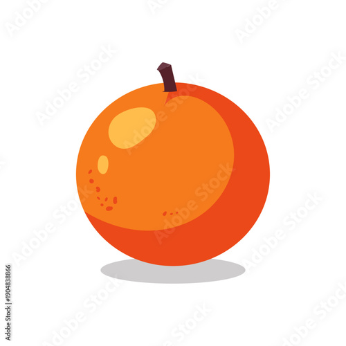 A vibrant, ripe orange fruit, depicted in a playful, cartoonish style with a soft shadow beneath it on a clean white background
