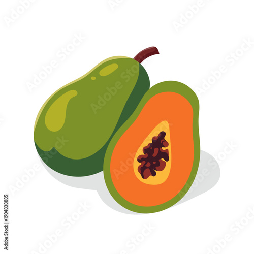 Vibrant illustration of a whole green papaya next to a halved papaya revealing its juicy orange flesh and black seeds on a white background