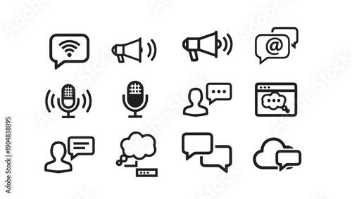 Communication Icons Collection: Speech Bubbles, Megaphones, Microphones, and Wifi Symbols