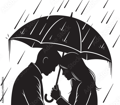Romantic couple sharing umbrella on a rainy day together
