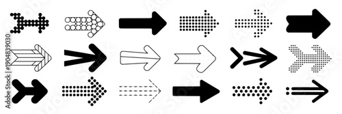 Arrows hand drawn set with dotted halftone and bold black pointer icons, sketchy directional symbols for navigation, UI buttons, infographic elements, and web design