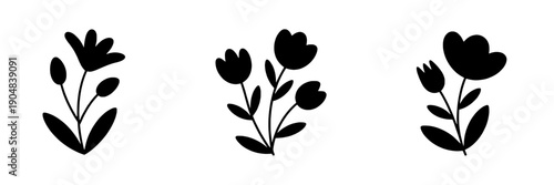 Flowers hand drawn set with black minimalist line art and simple petals featuring botanical, nature, plants with illustration and vector elements for doodle, organic projects, clean composition on