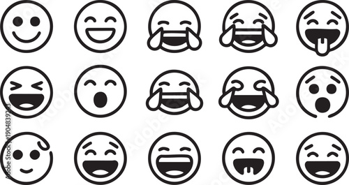 白黒のスマイリーフェイス絵文字アイコンセット 手描き風の楽しい表情コレクション ミニマルラインスタイル