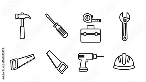 Construction Tools Icons Set Line Art on White Background