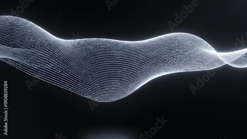 Abstract flowing white light wave on black background.