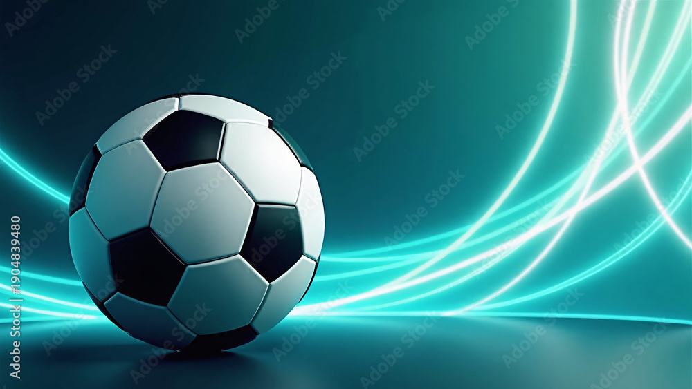 Obraz premium A soccer ball rests on a smooth surface as blue and white light trails sweep behind it, creating a futuristic, energetic atmosphere with clean contrast and modern motion. 