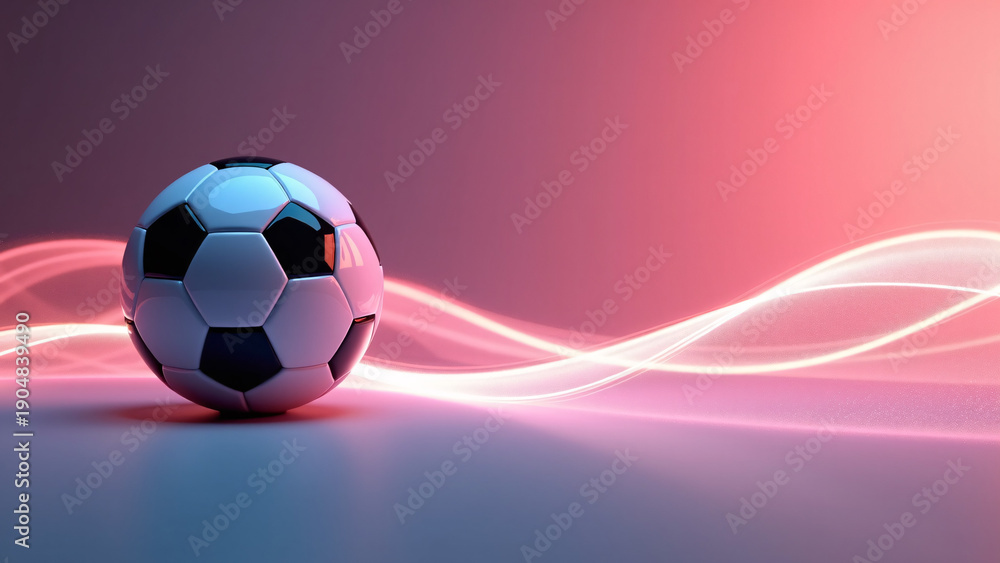 Obraz premium A soccer ball sits on a smooth surface as pink‑purple gradients glow behind it, with luminous light trails swirling gently, creating a modern, energetic, atmospheric fusion of sport and motion.