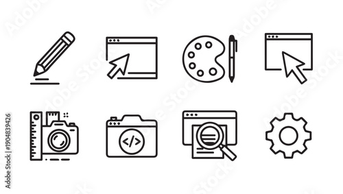 Creative Process Icons: Design, Coding, Photography, Search, Tools