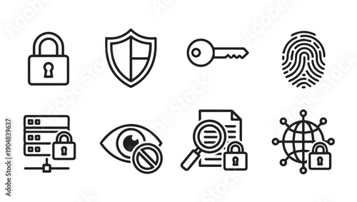 Cyber Security Icons: Padlock, Shield, Key, Fingerprint, Server, Eye, Magnifying Glass, Globe, Stock Media
