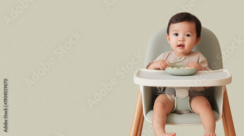 Adorable Asian baby sitting in modern high chair with bowl during mealtime against neutral background