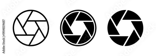 Camera icon. Camera lens. Logo photo. Black shutter zoom isolated on white background. Aperture diagram. Eye diaphragm. Silhouette circle lenses. Flat cinema circles for photos. Vector illustration