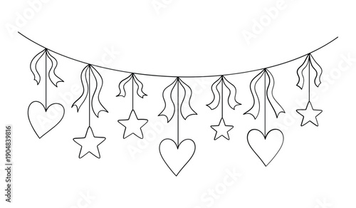 Hanging Line of Hand Drawn Black Hearts Stars and Water Drops on Simple Branches waterdrops