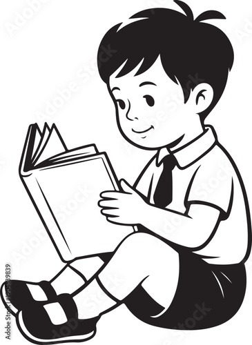 Young student sitting and reading a book illustration