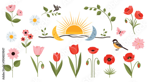 Whimsical floral and avian illustration with a radiant sunburst