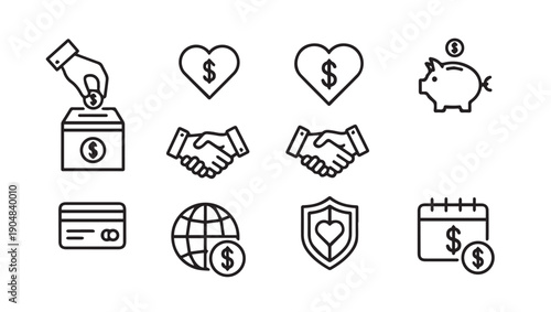 Donation and Finance Icons: Hand in Box, Hearts, Piggy Bank, Credit Card, Globe, Shield, Calendar