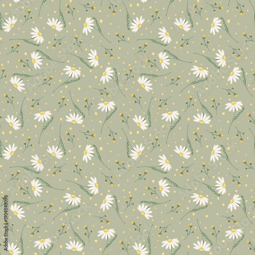 seamless floral green pattern with chamomile, olive background, print for fabric, wrapping paper 