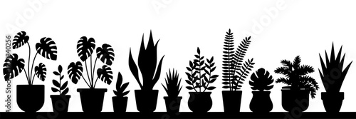Houseplants silhouette border with potted indoor plants lineup, black vector clipart for home decor, botanical banner, minimalist garden shelf divider isolated on white