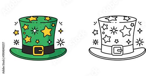 Green Leprechaun hat with magic stars vector. St. Patrick's Day icon. Colored and outline illustration for coloring book page.