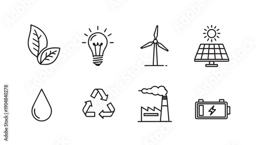 Eco Friendly Symbols: Leaves, Lightbulb, Wind Turbine, Solar Panel, Water Drop, Recycle, Factory, Battery
