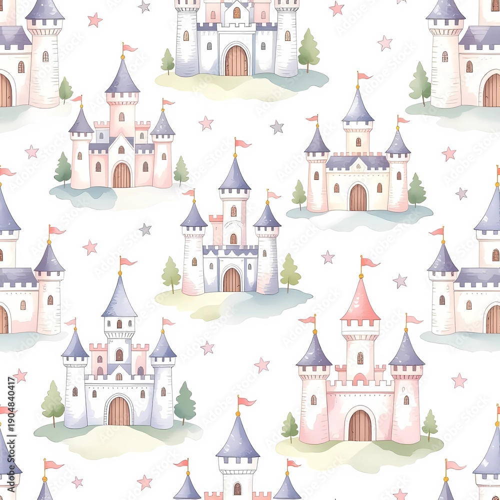 Fototapeta premium Whimsical Fairytale Castle Seamless Pattern with Stars and Trees in Pastel Watercolor Style