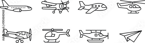 Minimal aircraft and aviation line icons set featuring airplane, propeller plane, helicopter, and paper plane transport illustration collection design