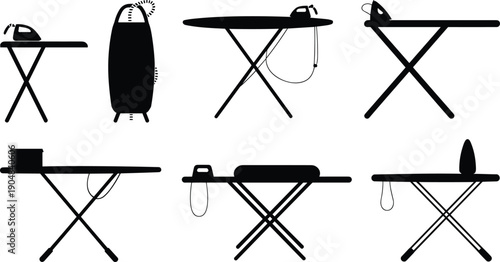 Vector, black, silhouette, illustration, set, of, various, ironing, boards, and, steam, irons, for, laundry, 