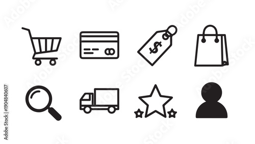 E-commerce Icons Set: Shopping Cart, Credit Card, Tag, Bag, Search, Truck, Star, Person