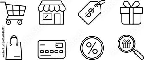 Minimal line icons of online shopping elements including cart, store, price tag, gift, credit card, discount, and search symbols set