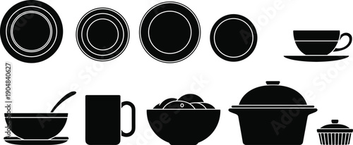 Vector, black, silhouette, illustration, set, of, various, kitchenware, and, tableware, including, plates, bowls, cups, mugs, and, pots, for, dining, kitchen, and, home, design, elements