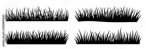 Grass silhouettes set with four black lawn borders, wild meadow blades and turf edges in flat vector style, isolated on white for landscaping, spring design and nature decor
