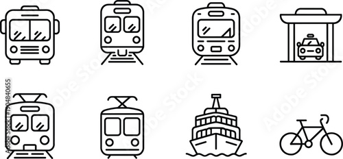 Minimal outline transportation icons set featuring train, tram, subway, taxi, ship, and bicycle public transit line symbols collection design illustration