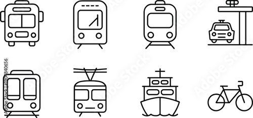 Minimal outline transportation icons featuring train, tram, subway, taxi, ship, and bicycle public transit vehicle symbol collection for travel design