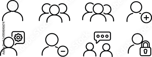 Minimal outline user and group management icons featuring profile, add, remove, settings, chat, and security access interface symbols set design