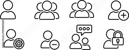 Minimal outline user interface icons set featuring profile, group, add user, settings, chat, remove, and security access symbols design
